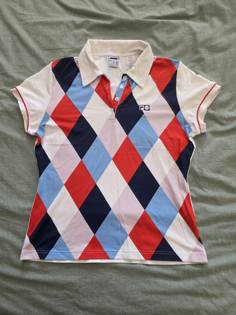 Vintage Fila Argyle Tennis Polo Shirt in Red, Navy, Light Blue & White Size L